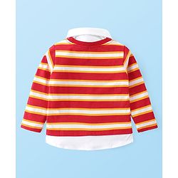 Babyhug Cotton Knit Full Sleeves Striped Overlapped T-Shirt & Lounge Pants Set With Appliques - Red & Blue