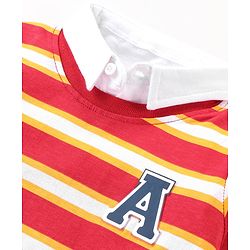 Babyhug Cotton Knit Full Sleeves Striped Overlapped T-Shirt & Lounge Pants Set With Appliques - Red & Blue