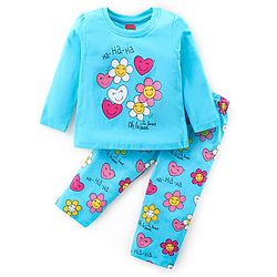 Babyhug Cotton Knit Full Sleeves Night Suit With Floral Print - Light Blue