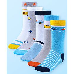 Cute Walk by Babyhug Anti-Bacterial Ankle Length Socks with Stripes & Car Design Pack of 5 - Blue