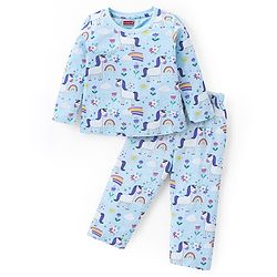 Babyhug Cotton Knit Full Sleeves Night Suit With Unicorn & Floral Print - Blue