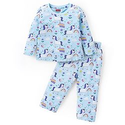 Babyhug Cotton Knit Full Sleeves Night Suit With Unicorn & Floral Print - Blue