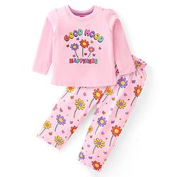 Babyhug Cotton Knit Full Sleeves Night Suit With Text & Floral Print - Pink