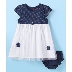 Babyhug Knit Half Cap Sleeves Polka Dot Printed Frock With Floral Applique & Bloomer - Navy Blue