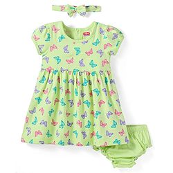 Babyhug Knit Half Sleeves Butterfly Printed Frock With Headband & Bloomer - Green