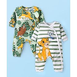 Babyhug Disney Interlock Knit Full Sleeves Rompers With Lion King Graphics Pack of 2 - White & Green