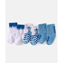 Cute Walk by Babyhug Knit Ankle Length Anti Bacterial Socks with Stripes & Dino Design Pack of 3 - White & Light Blue