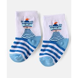 Cute Walk by Babyhug Knit Ankle Length Anti Bacterial Socks with Stripes & Dino Design Pack of 3 - White & Light Blue