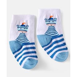 Cute Walk by Babyhug Knit Ankle Length Anti Bacterial Socks with Stripes & Dino Design Pack of 3 - White & Light Blue