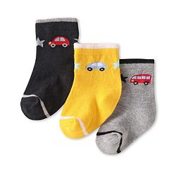 Cute Walk by Babyhug Knit Ankle Length Anti Bacterial Socks with Car Design Pack of 3 - Yellow Blue & Grey