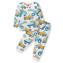 Babyhug Cotton Knit Full Sleeves Night Suit With Construction Vehicles Print - White
