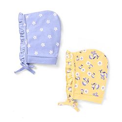 Babyhug 100% Cotton Knit Bonnet Cap Floral Printr Pack of 2 - Mustard & Blue
