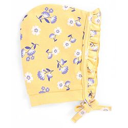 Babyhug 100% Cotton Knit Bonnet Cap Floral Printr Pack of 2 - Mustard & Blue