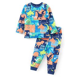 Babyhug Cotton Knit Full Sleeves Night Suit With Dinosaurs Print - Multicolor