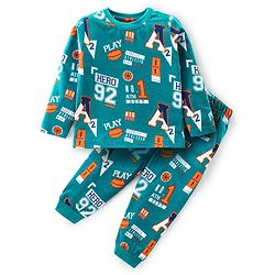 Babyhug Cotton Knit Full Sleeves Night Suit Football Print- Green