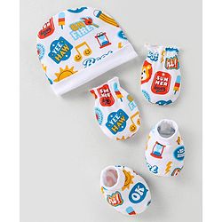 Babyhug 100% Cotton Interlock Knit Cap Mitten & Booties with Text   Print -White