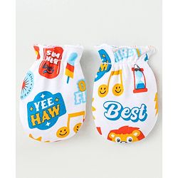 Babyhug 100% Cotton Interlock Knit Cap Mitten & Booties with Text   Print -White