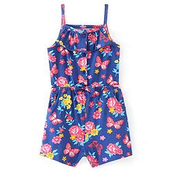 Babyhug Cotton Knit  Singlet Sleeves  Floral Printed Jumpsuits - Navy