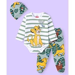 Babyhug Disney Interlock Knit Full Sleeves Striped The Lion King Printed Onesie with Footed Leggings & Cap - White & Grey