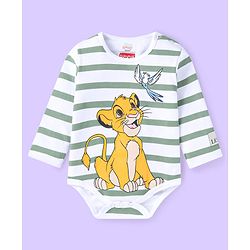 Babyhug Disney Interlock Knit Full Sleeves Striped The Lion King Printed Onesie with Footed Leggings & Cap - White & Grey