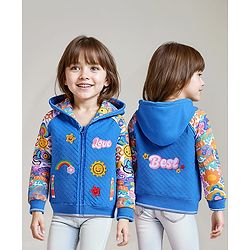 Babyhug Cotton Knit Full Sleeves Hooded Sweatjacket With Embroidery & Sun Print - Blue
