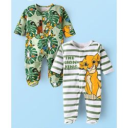Babyhug Disney Interlock Knit Full Sleeves Footed Sleep Suit With Lion King Graphics Pack of 2 - White Olive Green