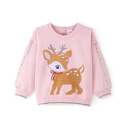 Babyhug Cotton Knit Full Sleeves Sweatshirt with Deer Print - Pink