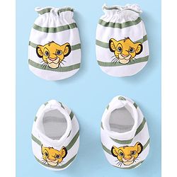 Babyhug Interlock Knit Mittens and Booties With Lion King Print - White