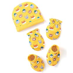 Babyhug 100% Cotton Interlock Knit Cap Mittens & Booties Set wit Animal Print - Yellow