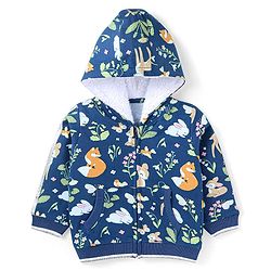 Babyhug Cotton Knit Full Sleeves Hooded Sweatjacket with Kangaroo Pockets Floral & Animal Print - Navy Blue