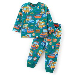 Babyhug Cotton Knit Full Sleeves Night Suit With Construction Vehicles - Green