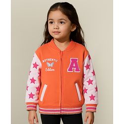 Babyhug Cotton Knit Full Sleeves Drop Shoulder Bomber Jacket with Star Print & Embroidery - White & Orange