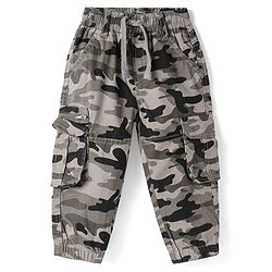 Babyhug Cotton Lycra Woven Full Length Camouflage Printed Trouser with Cargo Pockets - Olive Green