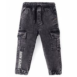 Babyhug Denim Washed Full Length Text Printed Joggers with Stretch - Black