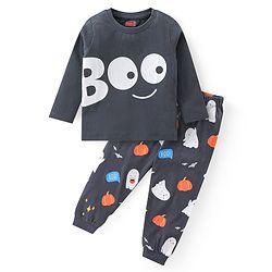 Babyhug Cotton Knit Full Sleeve Night Suit with Halloween Theme Print - Navy Blue
