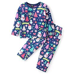 Babyhug Cotton Knit  Full Sleeves Night Suit with Christmas Theme Print - Navy Blue