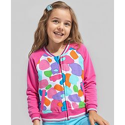 Babyhug Cotton Knit Full Raglan Sleeves Bomber Jacket with Abstract Print - Fuchsia