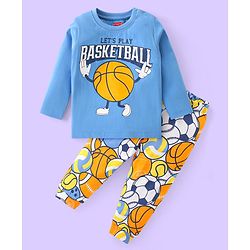 Babyhug Cotton Knit Full Sleeves Night Suit With Basketball Print - Blue