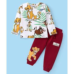 Babyhug Disney Cotton Knit Full Sleeves T-Shirt & Lounge Pants Set With Lion King Graphics & Badge Detailing - White & Dark Red