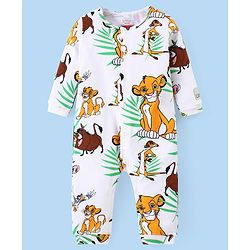 Babyhug Disney Cotton Knitted Full Sleeves Romper With Lion King Graphics - White