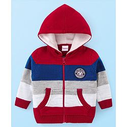 Babyhug Knitted Full Sleeves Hooded Front Open Sweater with Colour Block Design & Patch Applique - Red