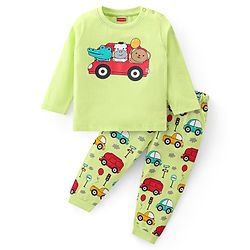 Babyhug Cotton Knit Full Sleeves Crocodile & Bear Printed Night Suit - Light Green