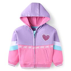 Babyhug Cotton Knit Full Sleeves Hooded Sweat Jacket With Sequin Heart Detailing - Purple & Pink