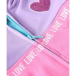 Babyhug Cotton Knit Full Sleeves Hooded Sweat Jacket With Sequin Heart Detailing - Purple & Pink