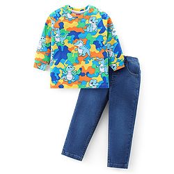 Babyhug Cotton Knit Full Sleeves Dino & Croc Printed T-Shirt With Denim Jeans - Blue
