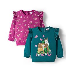 Babyhug Cotton Knit Full Sleeves Sweatshirts With Floral & Deer Print Pack of 2 - Purple & Teal Blue