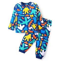 Babyhug Cotton Knit Full Sleeves Printed Night Suit - Navy