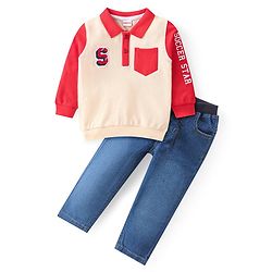 Babyhug Cotton Knit Full Sleeves Polo T-Sirt & Denim Jeans Set With Text Print - Red Off White & Blue