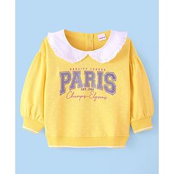 Babyhug Cotton Knit Full Sleeves Peter Pan Collar Sweatshirt with Glitter Text Print - Yellow