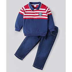 Babyhug Terry Knit Full Sleeves Striped Polo T-Shirt & Solid Denim Jeans Set With Text Patch - Navy Blue